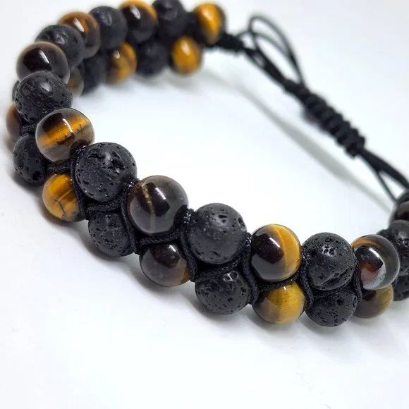 Natural Tiger Eye Black Lava Stone Double Strand Adjustable Lariat Bracelet